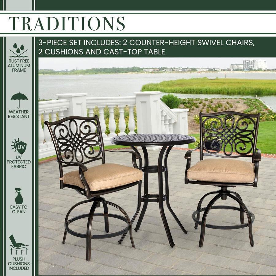 Hanover Outdoor Furniture Traditions 3 Piece Tan Frame Bistro Patio Set With Natural Oat Hanover Cushions Bistro In The Patio Dining Sets Department At Lowes Com