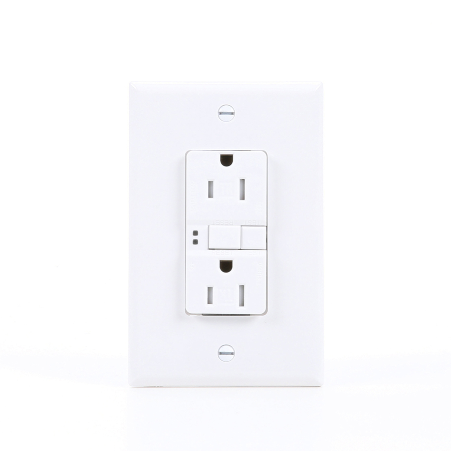 White 125V Tamper Resistant Duplex Receptacle with Nightlight & Standard Size Wallplate Eaton GFCI Self-Test 15A 
