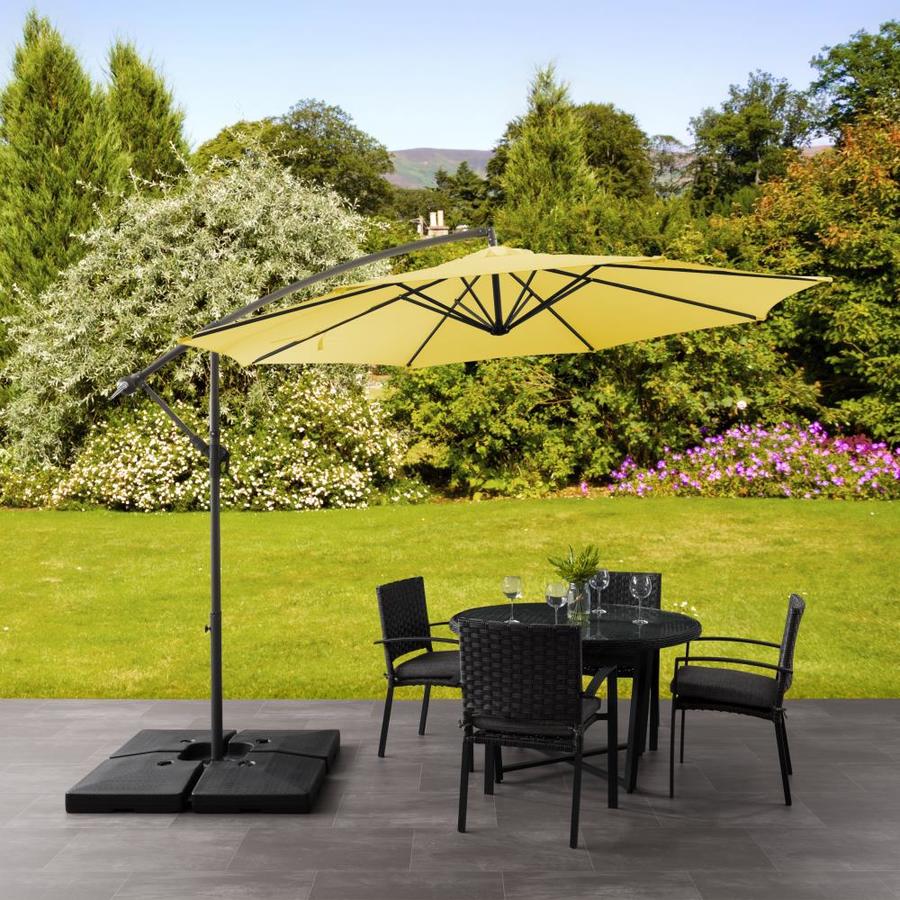 Corliving 9 5 Ft Round Yellow With Black Steel Frame Cantilever Patio Umbrella And Base In The Patio Umbrellas Department At Lowes Com