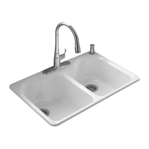 Zoomed: KOHLER White 4-Hole Double-Basin Cast Iron Topmount Kitchen Sink