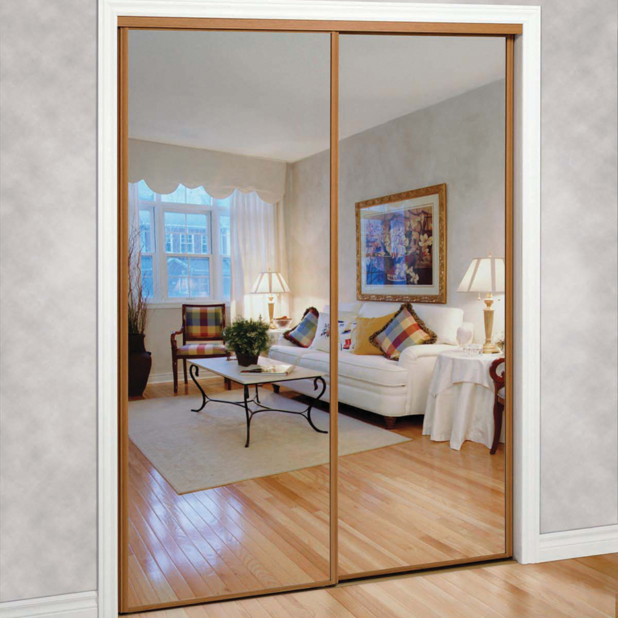ReliaBilt 9750 Series 60-in x 80-in Oak Mirror/Panel Mirrored Glass Unfinished Oak Wood Sliding Door (Hardware Included) ReliaBilt 9750 Series 60-in x 80-in Oak Mirror/Panel Mirrored Glass Unfinished Oak Wood Sliding Door (Hardware Included)