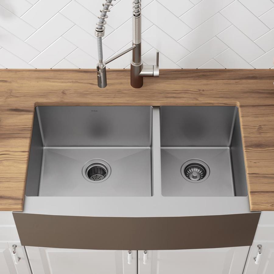 Kraus Standart Pro 33 In X 21 In Stainless Steel Double Offset Bowl Tall 8 In Or Larger Undermount Apron Front Farmhouse Residential Kitchen Sink In The Kitchen Sinks Department At Lowescom