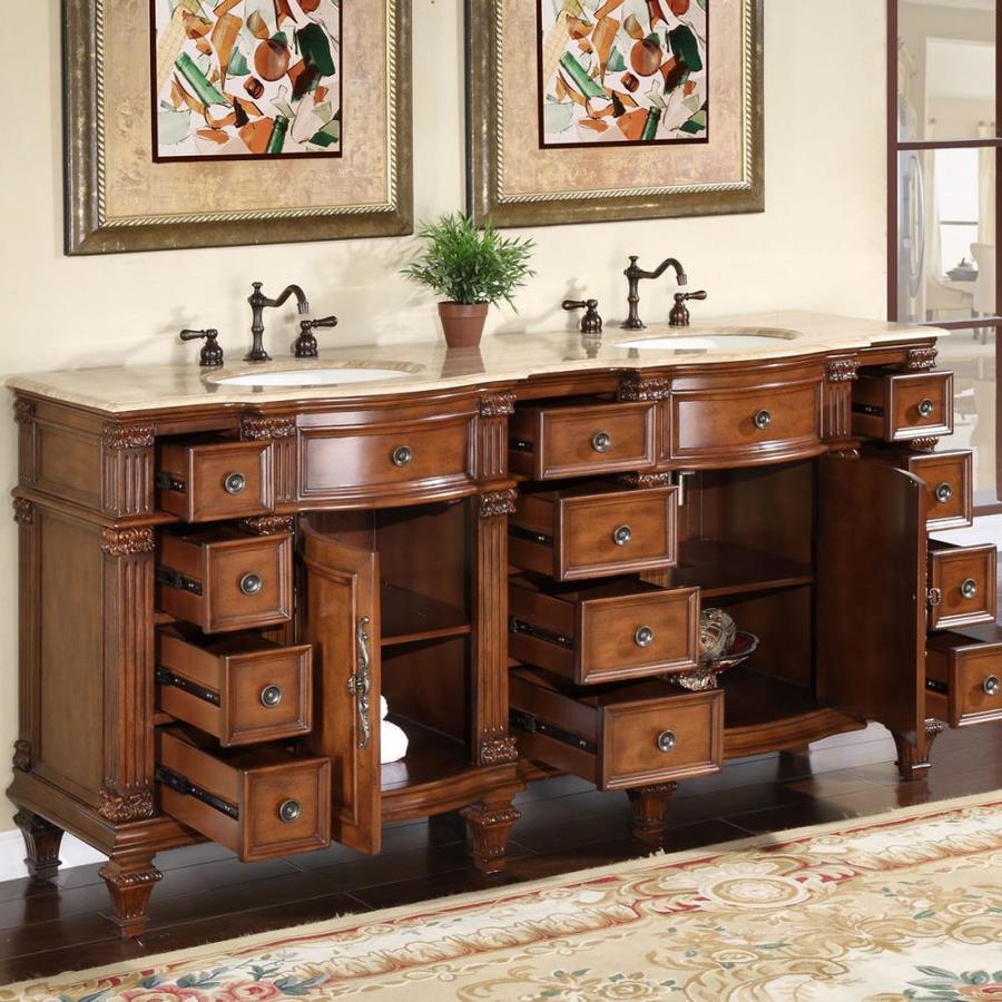 Silkroad Exclusive 72 In Brazilian Rosewood Double Sink Bathroom Vanity With Travertine Top In The Bathroom Vanities With Tops Department At Lowes Com