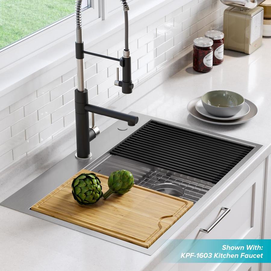 Kraus Kore Workstation 30 In X 22 In Stainless Steel Single Bowl Drop In Or Undermount Commercial Residential Workstation Kitchen Sink All In One Kit With Drainboard In The Kitchen Sinks Department At Lowes Com