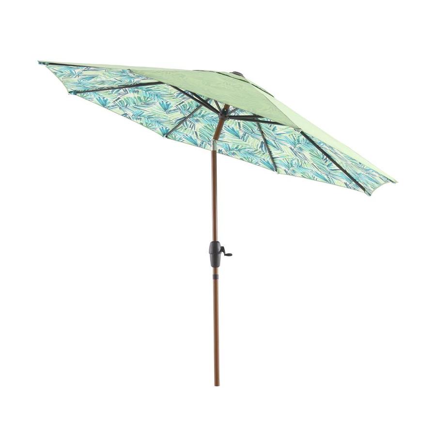 Allen Roth 9 Ft Round Green Palm Leaft With Brown Woodgrain Aluminum Frame Auto Tilt Market Patio Umbrella In The Patio Umbrellas Department At Lowes Com