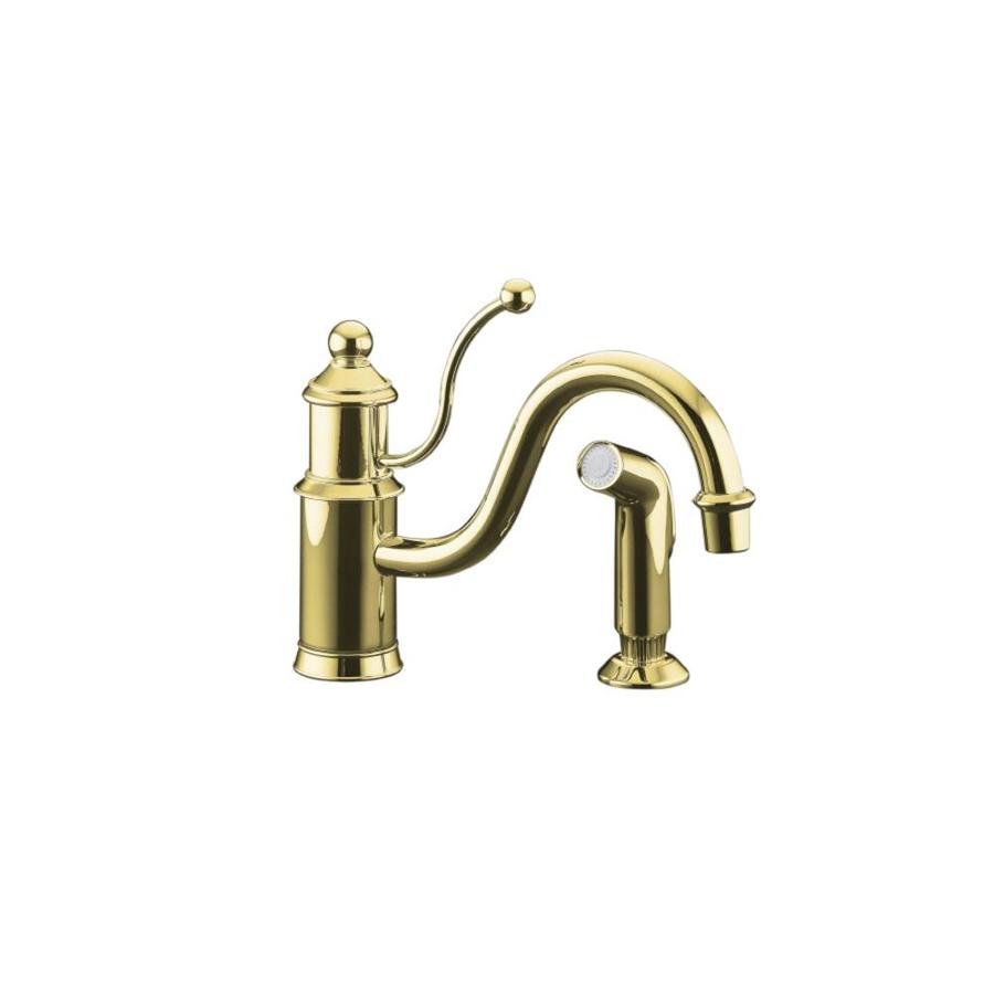 KOHLER Antique Vibrant Polished Brass Low Arc Kitchen Faucet with Side Spray