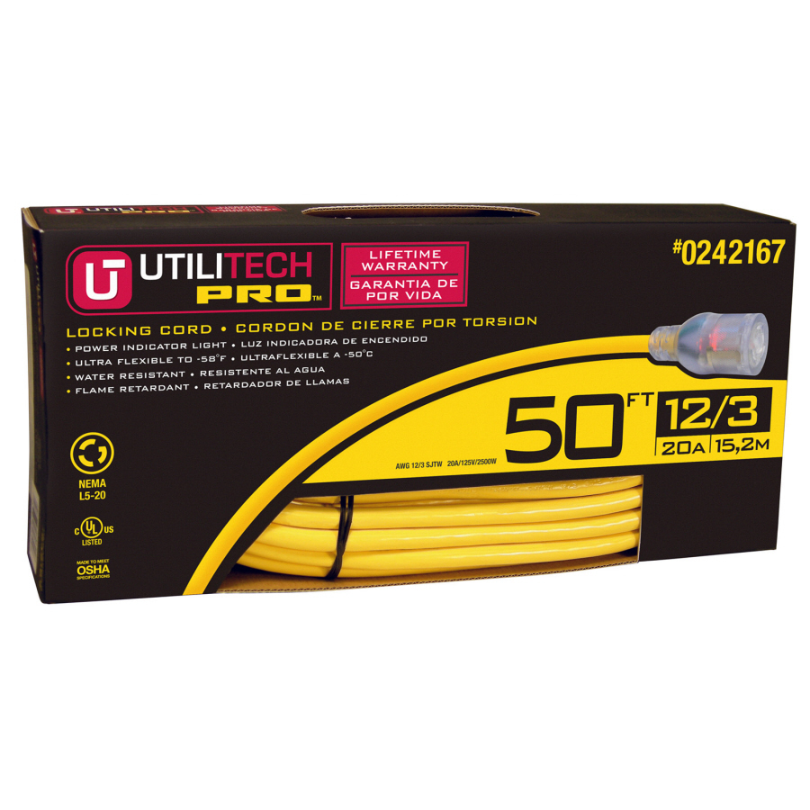 Utilitech 50 ft 20 Amp 12 Gauge Yellow Outdoor Extension Cord