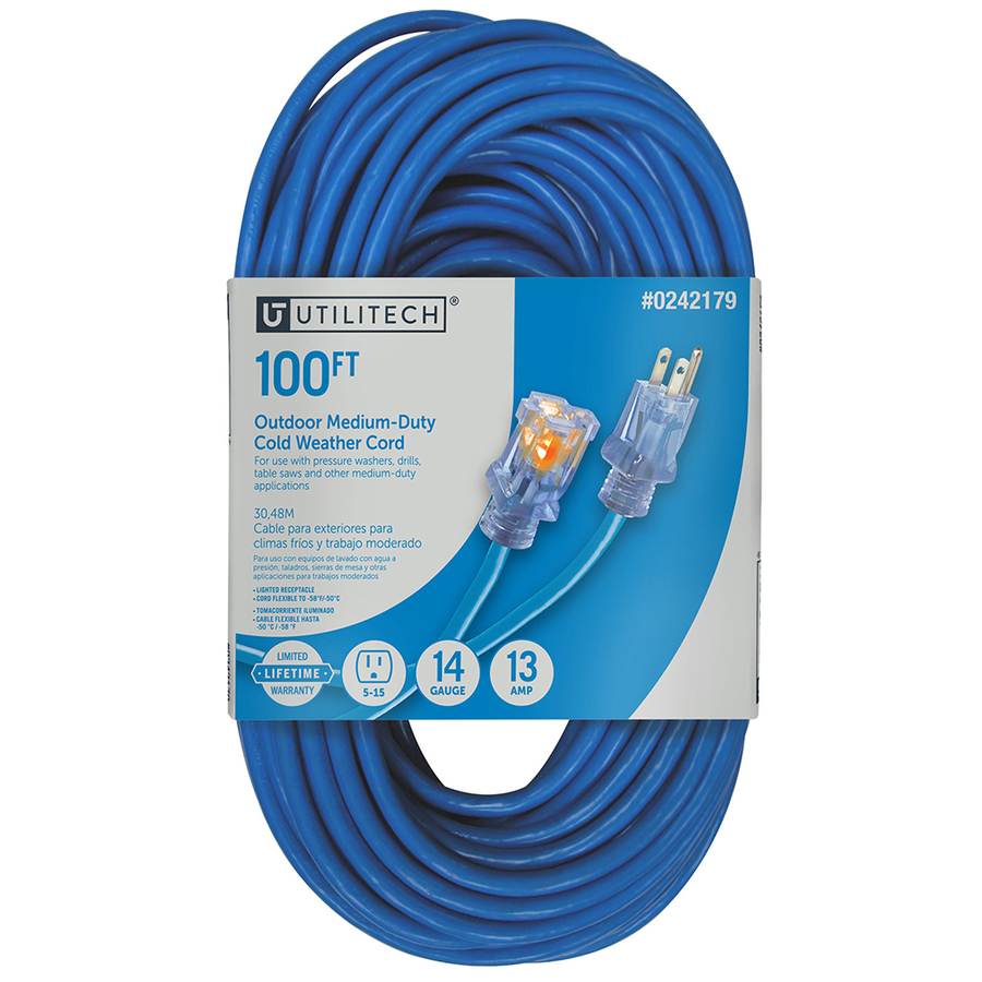 Utilitech 100 ft 13 Amp 14 Gauge Blue Outdoor Cold Weather Extension Cord