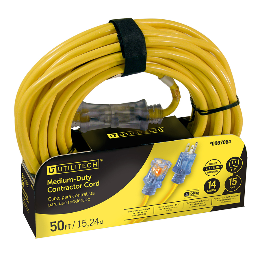 Utilitech 50 ft 15 Amp 14 Gauge Yellow Outdoor Extension Cord