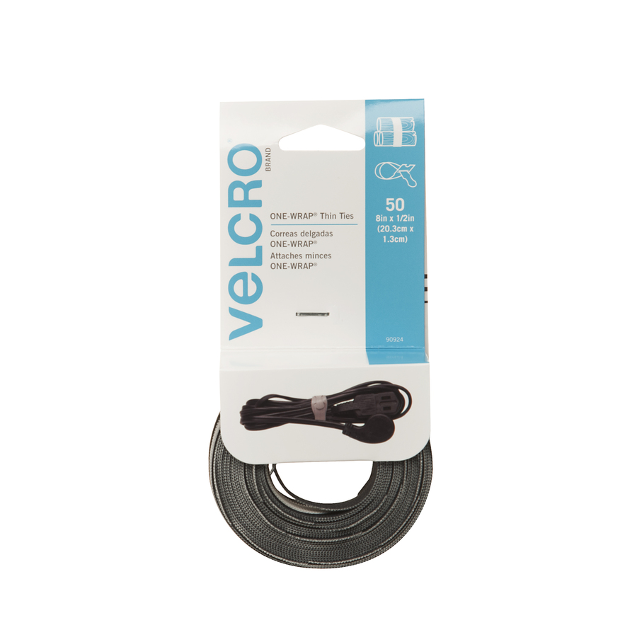 VELCRO Reusable Ties 8 in x 1/2 in Straps 50 Count 25 Black and 25 Gray