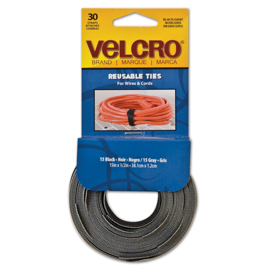 VELCRO One Wrap Reusable Straps 15 in x 1/2 in Black and Gray 30 Straps