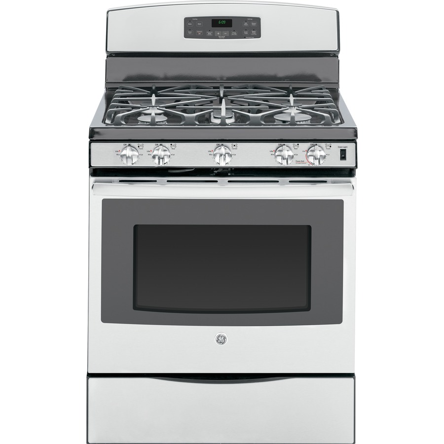 GE 30 in 5 Burner Freestanding 5 cu ft Self Cleaning with Steam Convection Gas Range (Stainless Steel/Black)