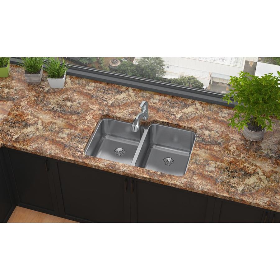 Elkay Lustertone Undermount 31.25-in x 20.5-in Lustertone Double Offset Bowl Kitchen Sink Stainless Steel | ELUH3120LPD