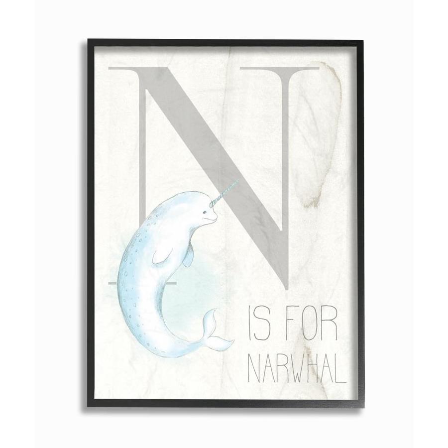 Stupell Industries Grey Blue and White N is for Narwhal Illustration Framed 20-in H x 16-in W Kids Wood Print | BRP-2264-FR-16X20