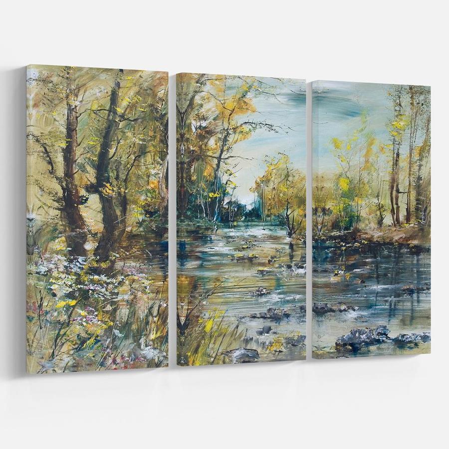 Designart Rocky River In The Forest Landscapes Painting Print On Wrapped Canvas Set In The Wall Art Department At Lowes Com