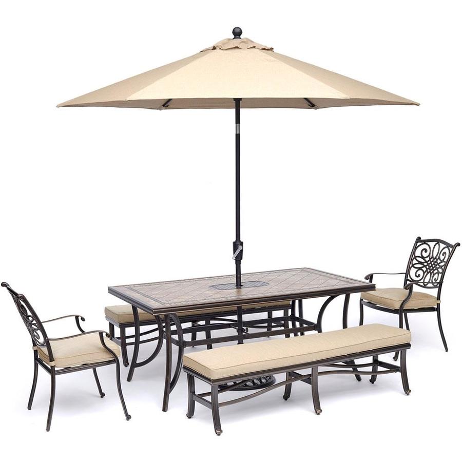 Hanoverhanover Hanover Monaco 5 Piece Patio Dining Set In Tan With 2 Dining Chairs 2 Benches 40 In X 68 In Tile Top Table 9 Ft Umbrella And Stand Dailymail