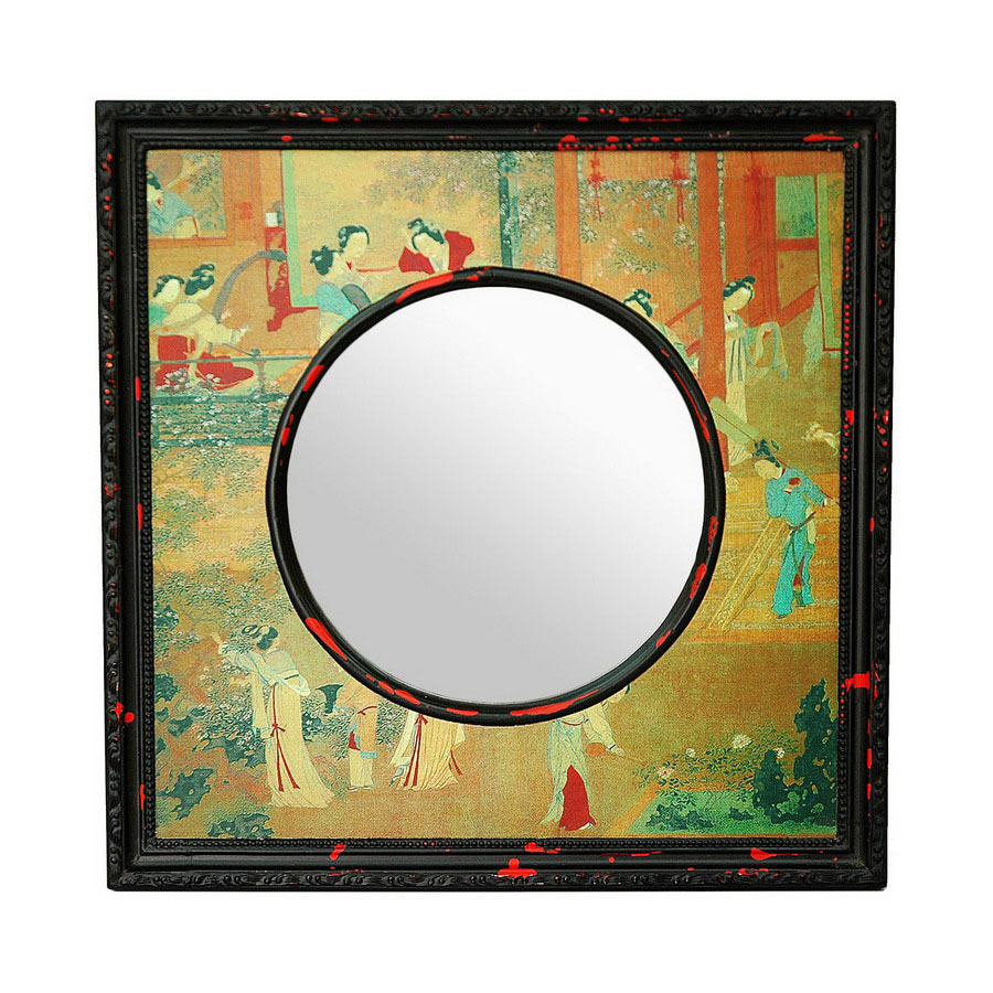 Oriental Furniture 20 in x 20 in Rustic Black Square Framed Wall Mirror