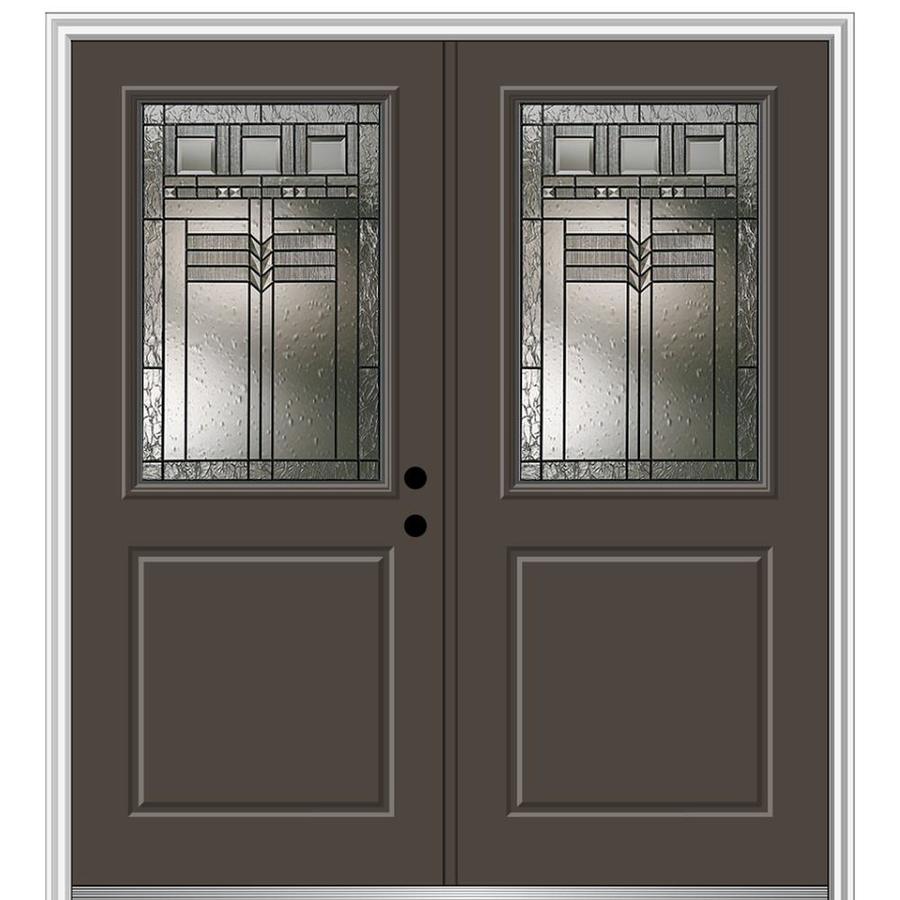 MMI DOOR 72-in x 80-in Fiberglass Half Lite Left-Hand Inswing Brown Painted Prehung Double Front Door with Brickmould | ZZ3664725L