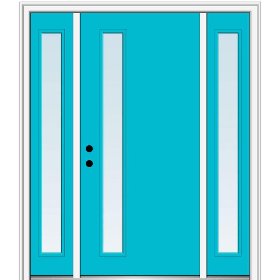 MMI DOOR Spotlights 64-in x 80-in Fiberglass Full Lite Right-Hand Inswing Bahama Blue Painted Prehung Single Front Door with Sidelights with