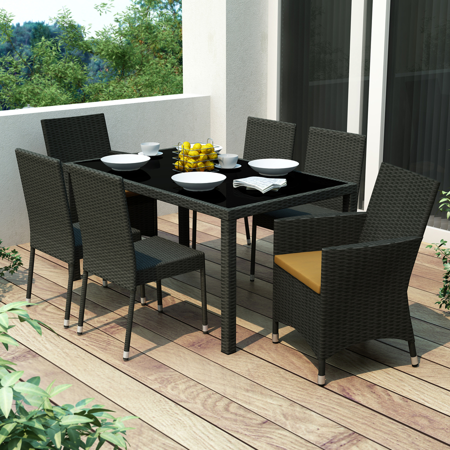 CorLiving Park Terrace 7 Piece River Rock Black Glass Patio Dining Set