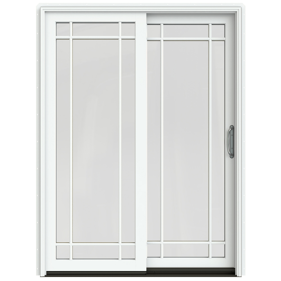 JELD WEN W 2500 59.25 in Grid Glass Brilliant White Wood Sliding Patio Door with Screen