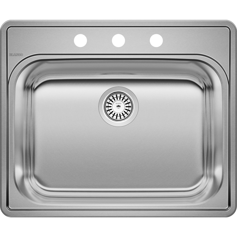 BLANCO Essential 22 in x 25 in Brushed Satin Single Basin Stainless Steel Drop in 3 Hole Residential Kitchen Sink