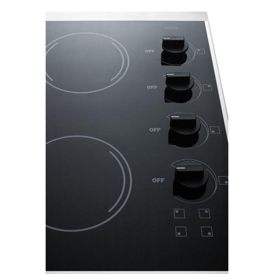 Indicator Lights Summit Appliance CR4B242BL 24 Wide 230V 4-Burner Radiant Cooktop in Smooth EuroKera Black Ceramic Glass Surface Side-mounted Control Panel Push-to-turn Knobs