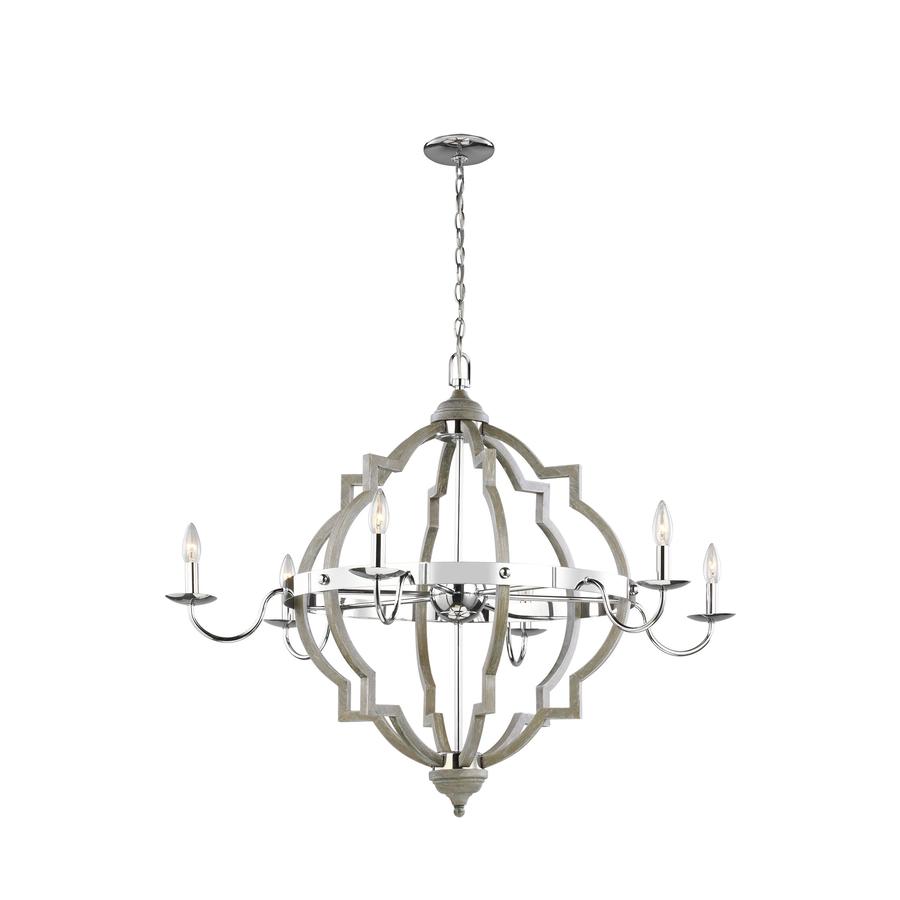 Sea Gull Lighting Socorro 40 in. W 6-Light Washed Pine and Chrome Accents Quatrefoil Chandelier with Dimmable Candelabra LED Bulb | 3224906EN-872