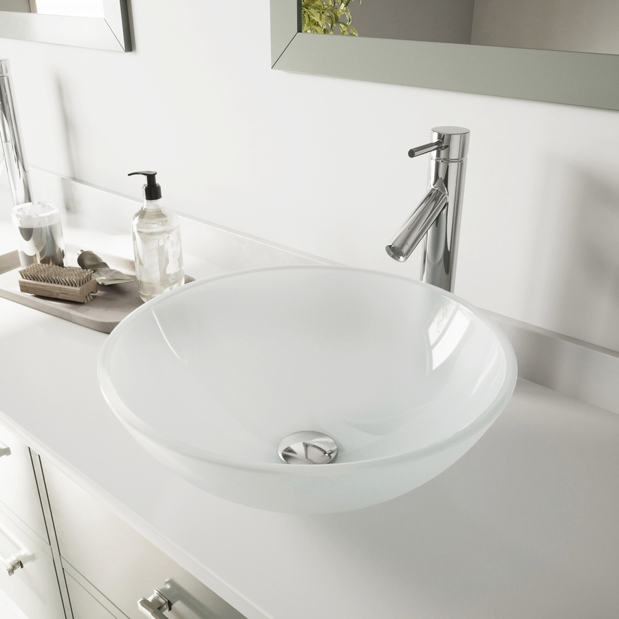 VIGO White Frost Glass Vessel Round Bathroom Sink with Faucet (Drain Included)