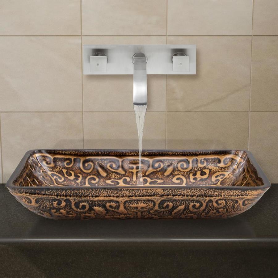 VIGO Vessel Bathroom Sets Brown and Amber Tempered Glass Vessel Rectangular Bathroom Sink with Faucet (Drain Included)