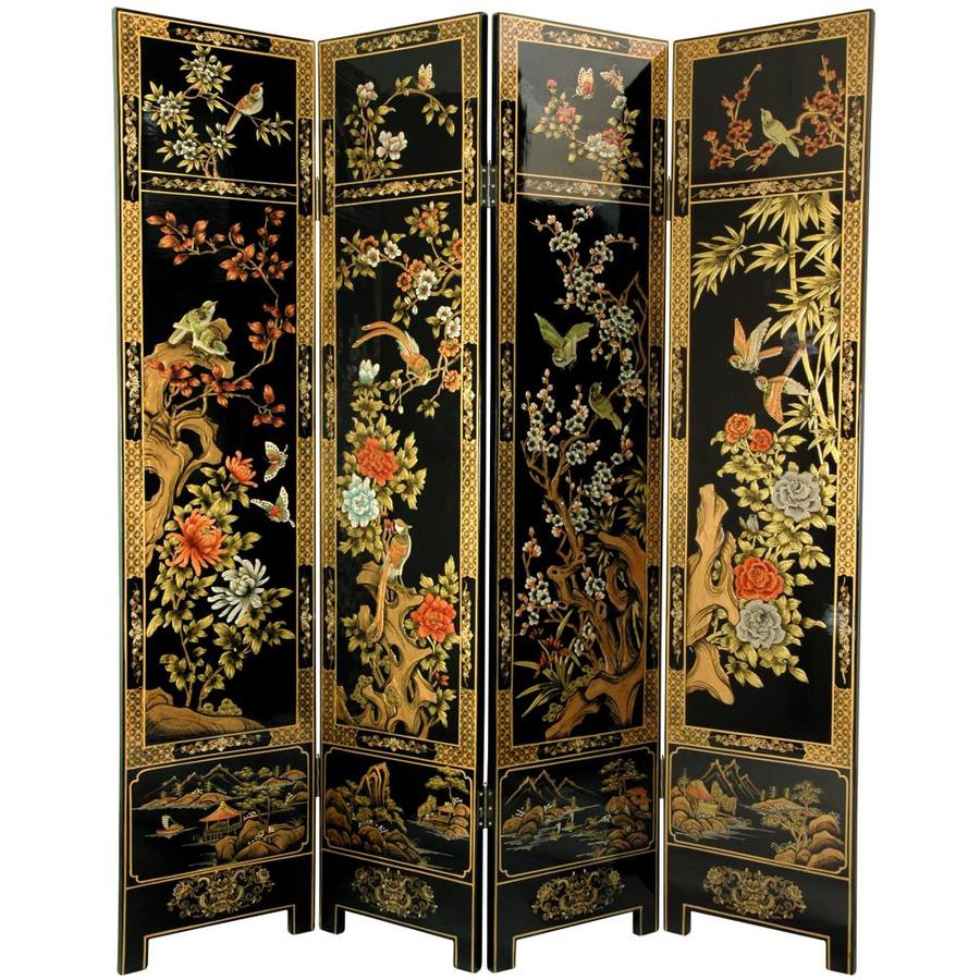 Red Lantern 4-Panel Black Wood Folding Traditional Style Room Divider | LCQ-SCR-FOUR