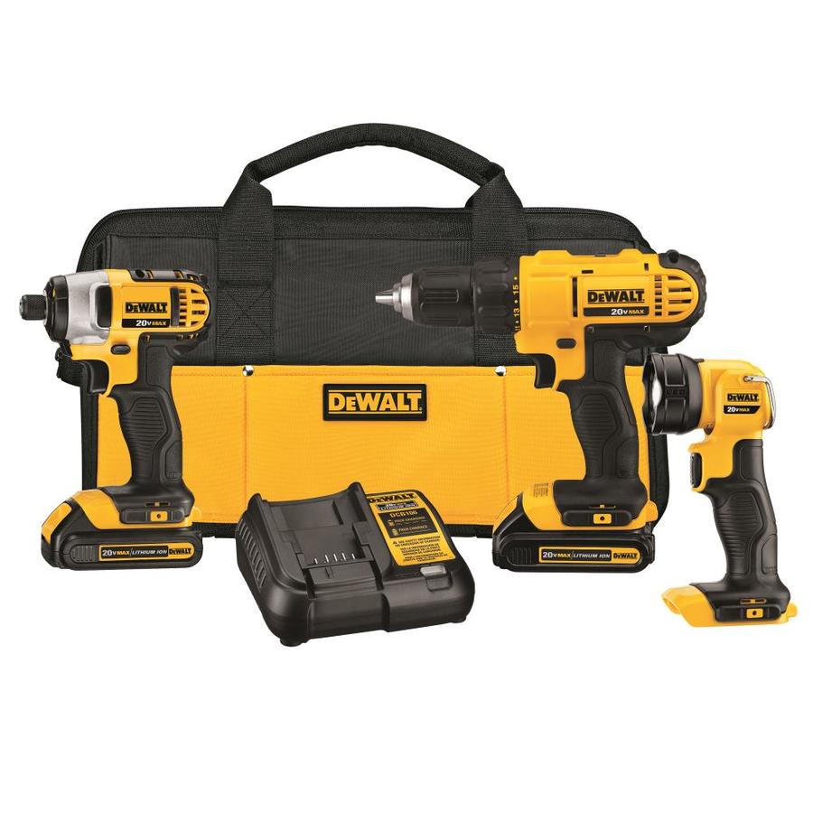 DEWALT 3-Tool 20V MAX LI-ION Cordelss Drill/Driver, Impact Driver and LED Worklight Combo Kit with Soft Case (Charger Included and (2) 1.3Ah