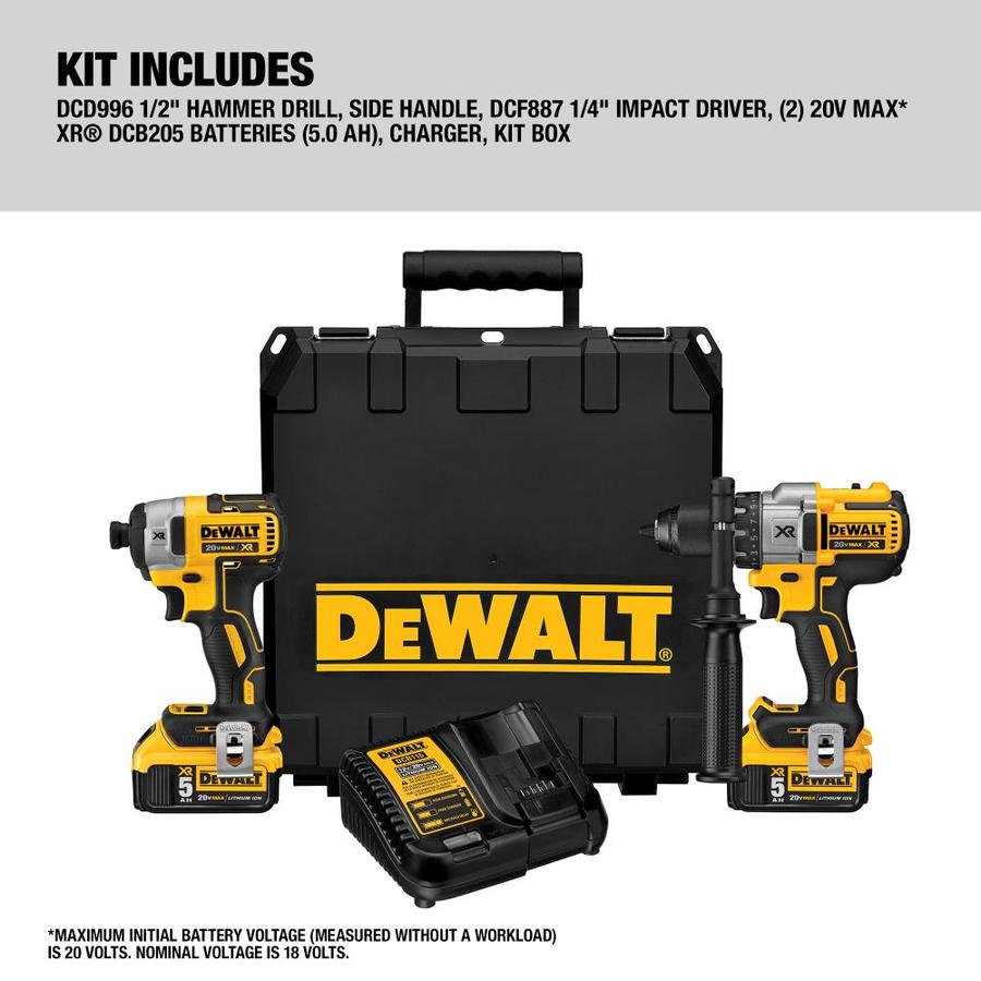 DEWALT XR 2-Tool 20V MAX LI-ION Cordless Brushless Drill/Driver + Impact Driver Combo Kit with Hard Case (Charger Included and (2) 5.0Ah Batteries