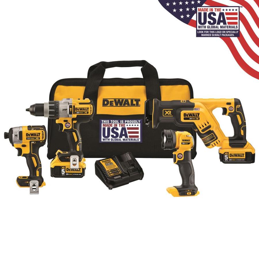 DEWALT XR 4-Tool 20V MAX LI-ION Cordless Brushless Power Tool Combo Kit with Soft Case (Charger Included and (2) 5Ah Batteries Included) | DCK494P2