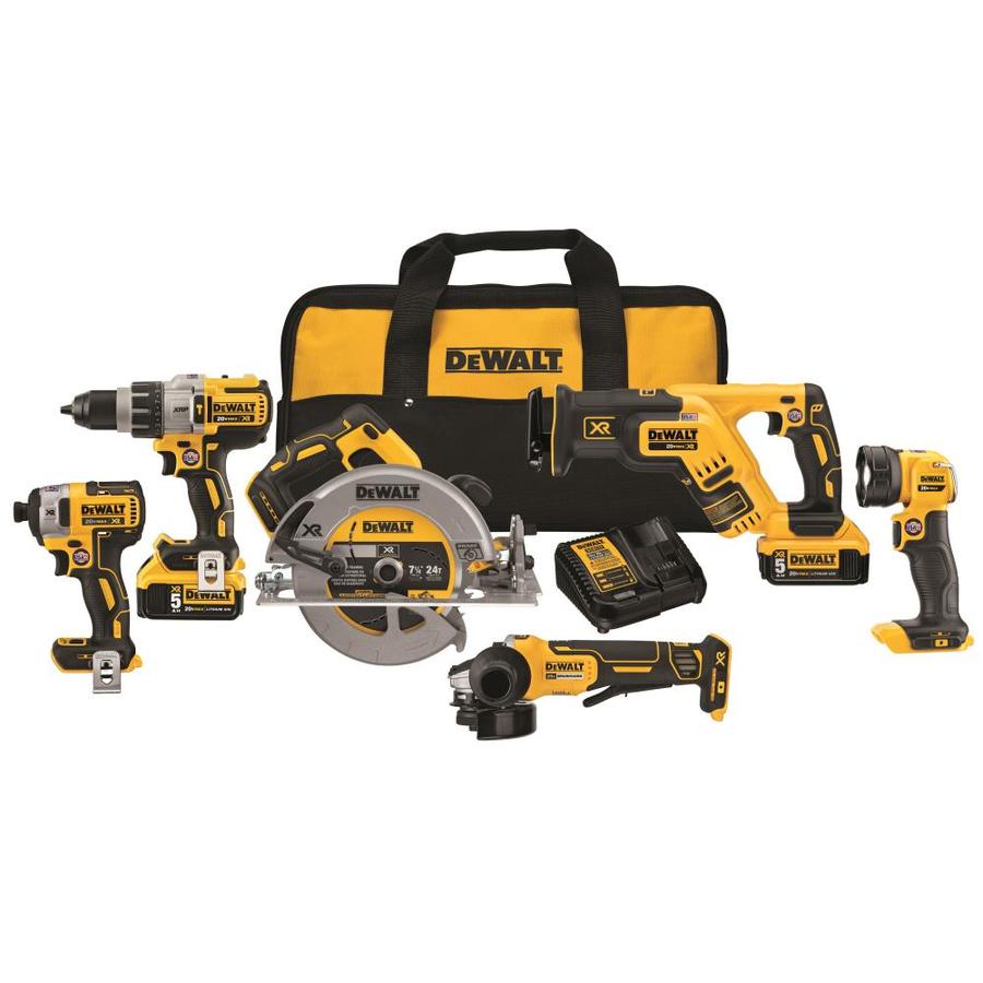 DEWALT XR 6-Tool 20V MAX LI-ION Cordless Brushless Power Tool Combo with Soft Case (Charger Included and (2) 5Ah Batteries Included) | DCK695P2