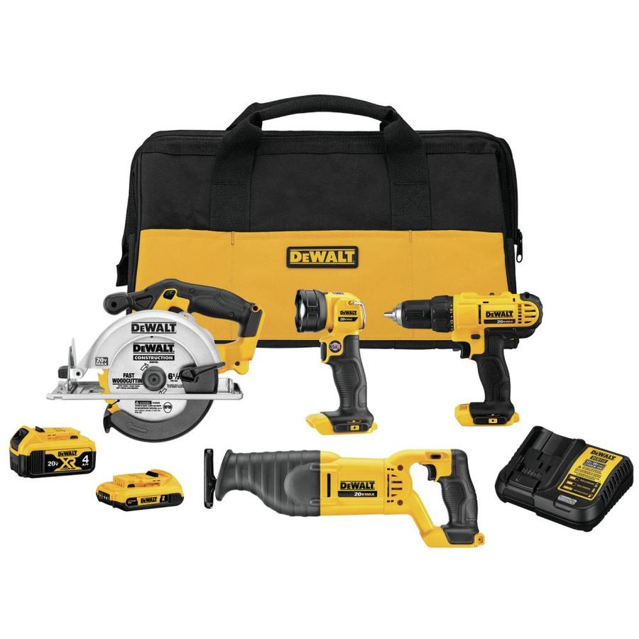 DEWALT 4-Tool 20V MAX LI-ION Cordless Power Tool Combo Kit with Soft Case (Charger Included and (1) 2.0Ah Battery and (1) 4Ah Battery Included)