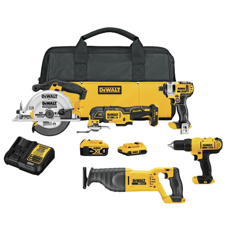 DEWALT 5-Tool 20V MAX LI-ION Cordless Power Tool Combo Kit with Soft Case (Charger Included and (1) 2.0Ah Battery and (1) 4Ah Battery Included)