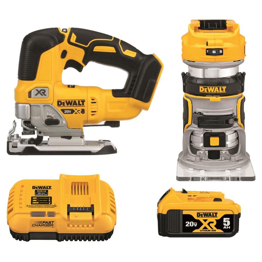 DEWALT XR 2-Tool 20V MAX LI-ION Cordless Brushless Jig Saw + Router Woodworking Combo Kit (Fast Charger Included and 5Ah Battery Included) | DCK201P1